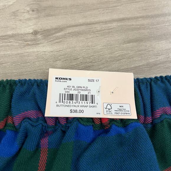 Juniors' SO Good For Life Buttoned Faux Wrap Blue, Green Plaid Skirt Size 17 - Picture 12 of 14